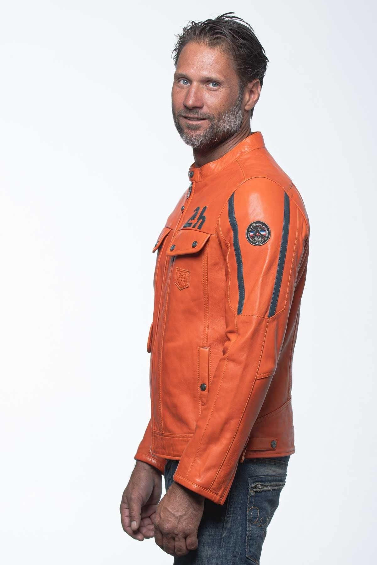 Orange leather jacket with biker collar and navy blue stripes - Image n°5