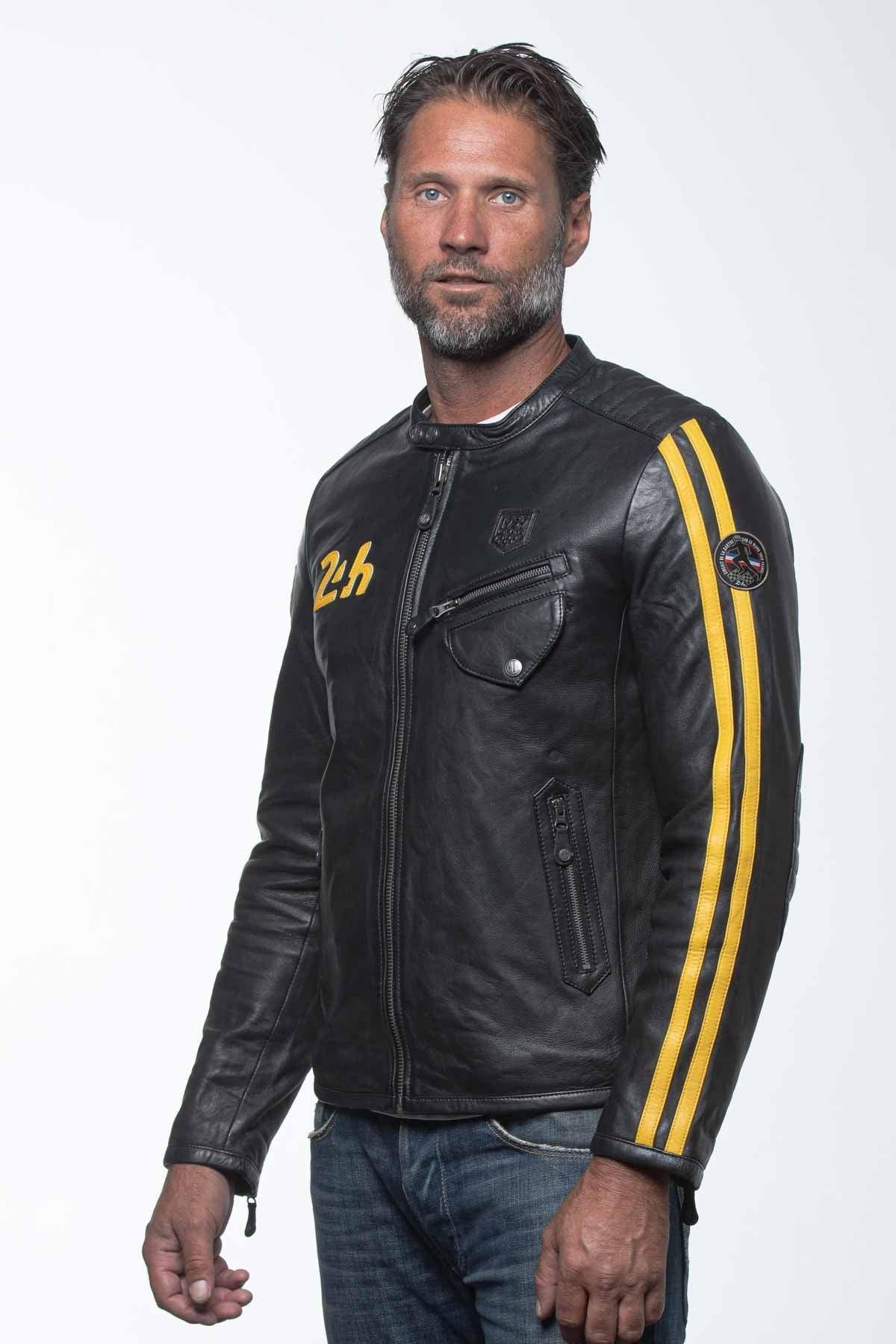 Black leather jacket with racing biker collar - Image n°4