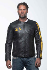 Black leather jacket with racing biker collar - Image n°1