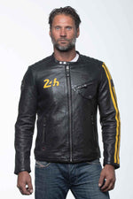 Black leather jacket with racing biker collar - Image n°1