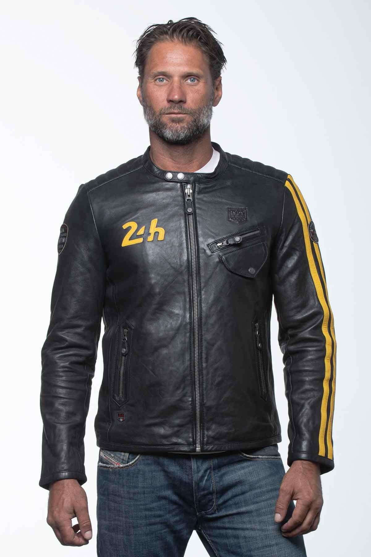 Black leather jacket with racing biker collar - Image n°1
