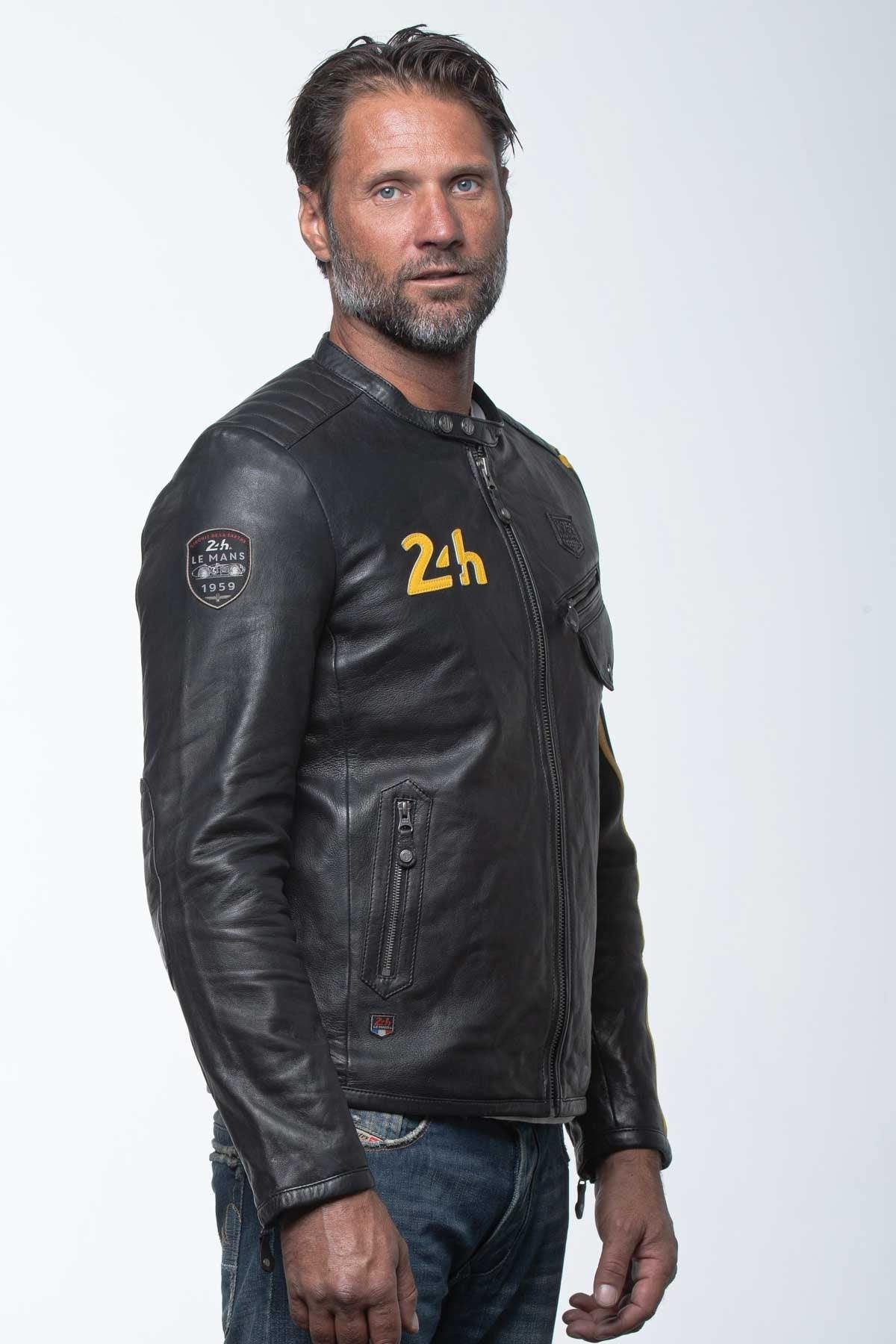 Black leather jacket with racing biker collar - Image n°5