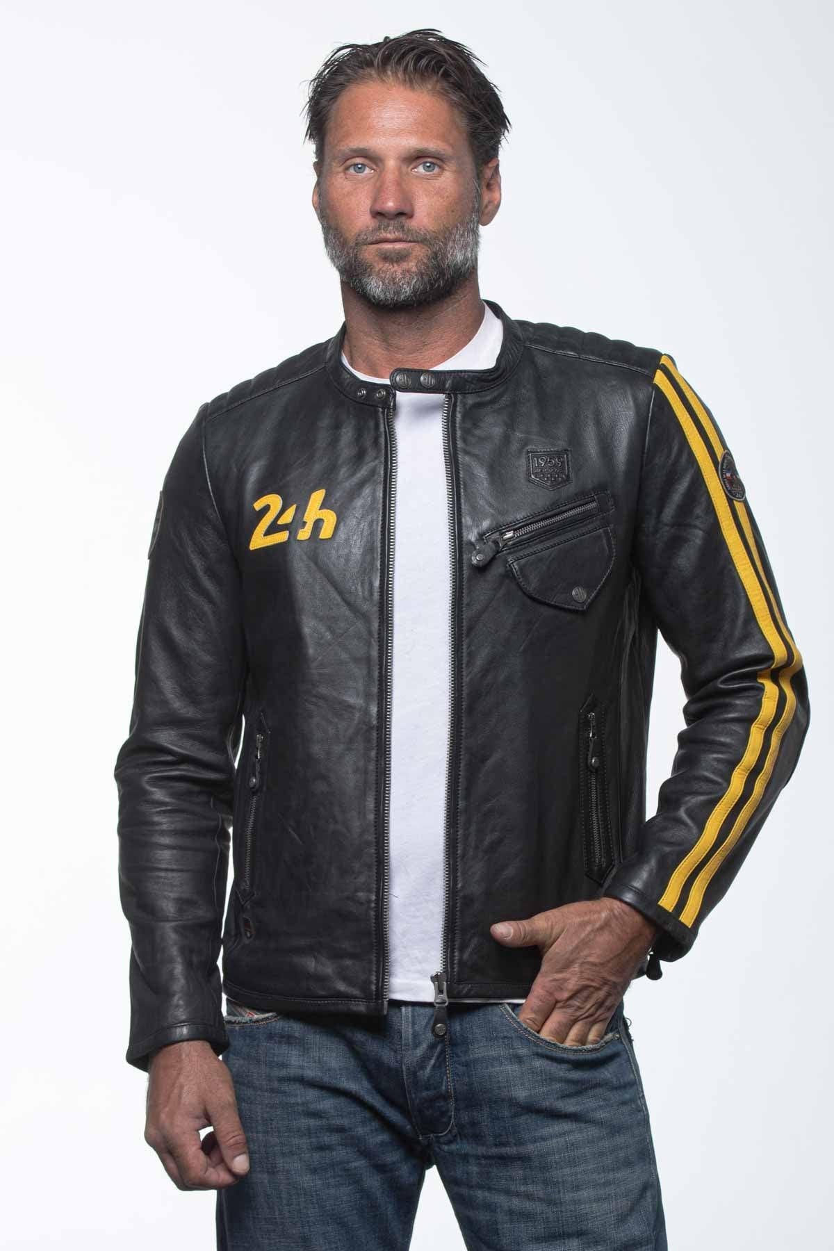 Black leather jacket with racing biker collar - Image n°2