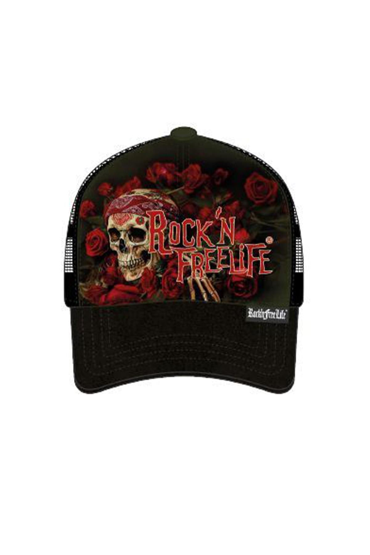 Black trucker cap with rock'n'roll pattern - Image n°1