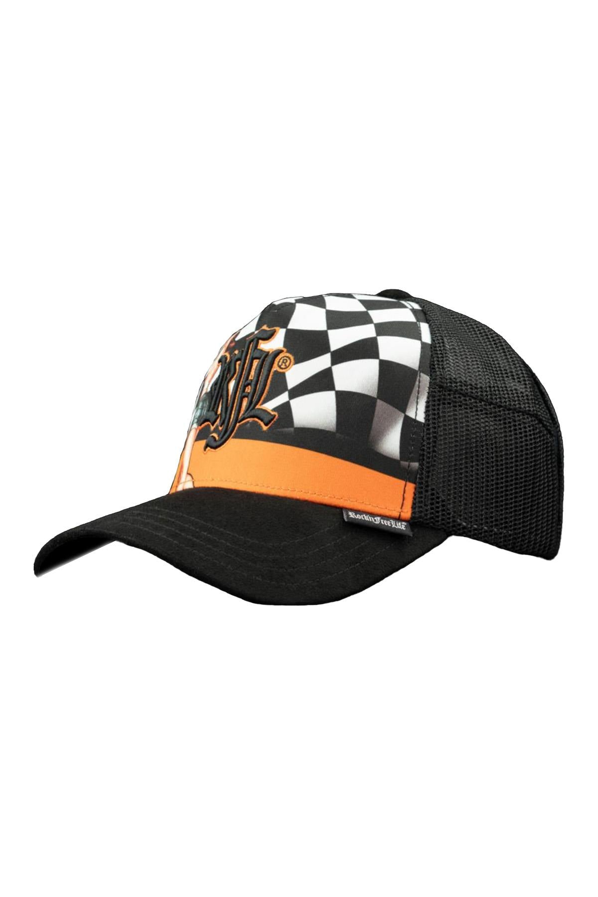 Black trucker cap with car racing pattern - Image n°1