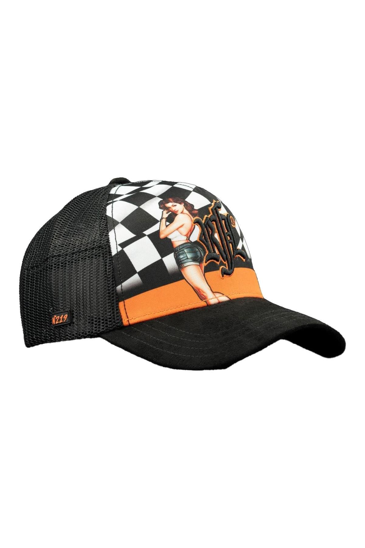 Black trucker cap with car racing pattern - Image n°1