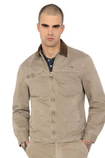 Worker jacket with shirt collar in taupe-colored cotton - Image n°1