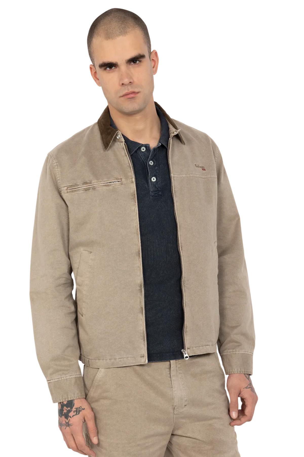 Worker jacket with shirt collar in taupe-colored cotton - Image n°2