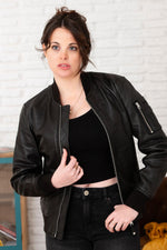 Black leather bomber jacket for women - Image n°2