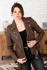 Bison-colored leather biker jacket - Image n°8