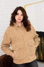 Oversized beige suede leather bomber jacket - Image n°1