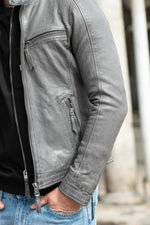 Grey leather jacket with biker collar and removable hood - Image n°4