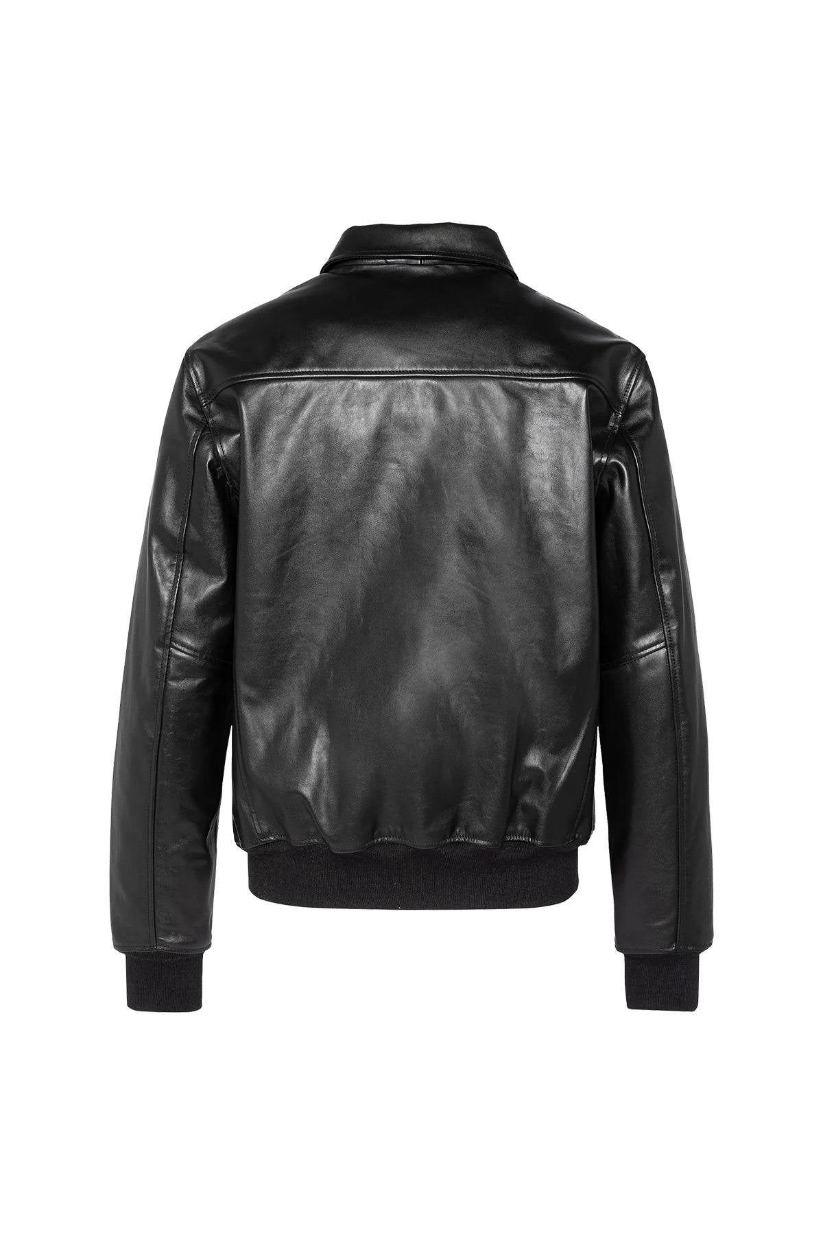 Black leather jacket with shirt collar and ribbed edges - Image n°6