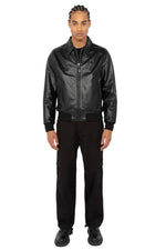 Black leather jacket with shirt collar and ribbed edges - Image n°7