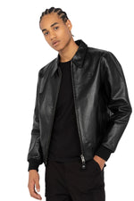Black leather jacket with shirt collar and ribbed edges - Image n°3