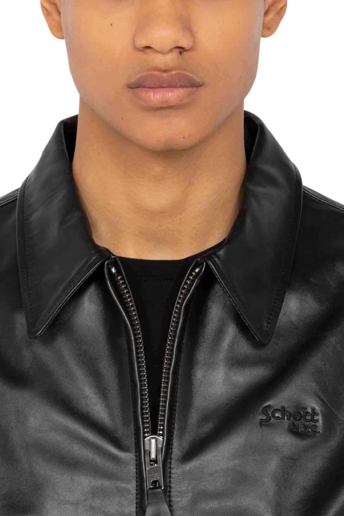 Black leather jacket with shirt collar and ribbed edges - Image n°4