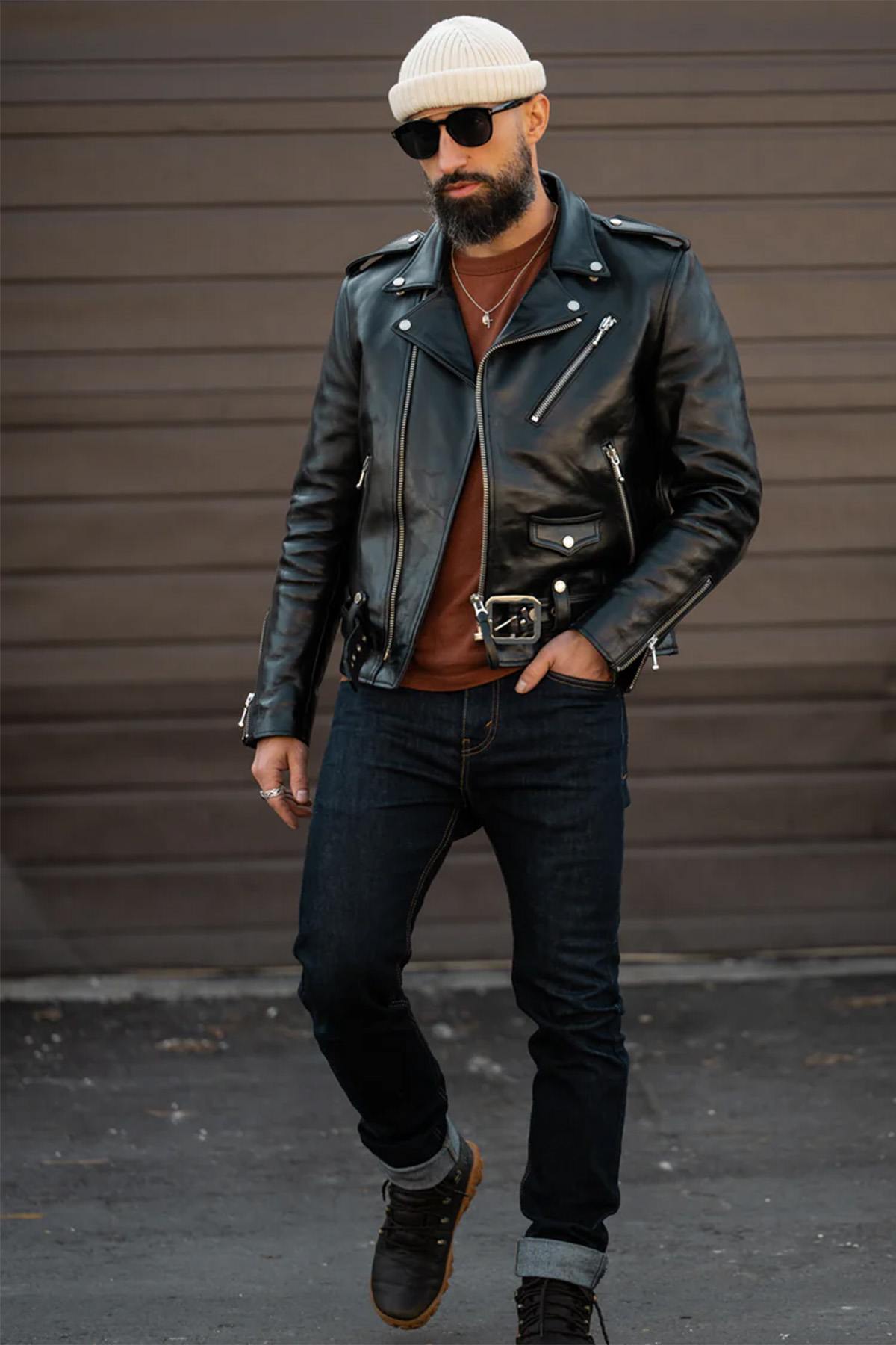 Black vegetable-tanned cowhide leather biker jacket - Image n°3