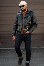 Black cowhide leather biker jacket - Image n°3