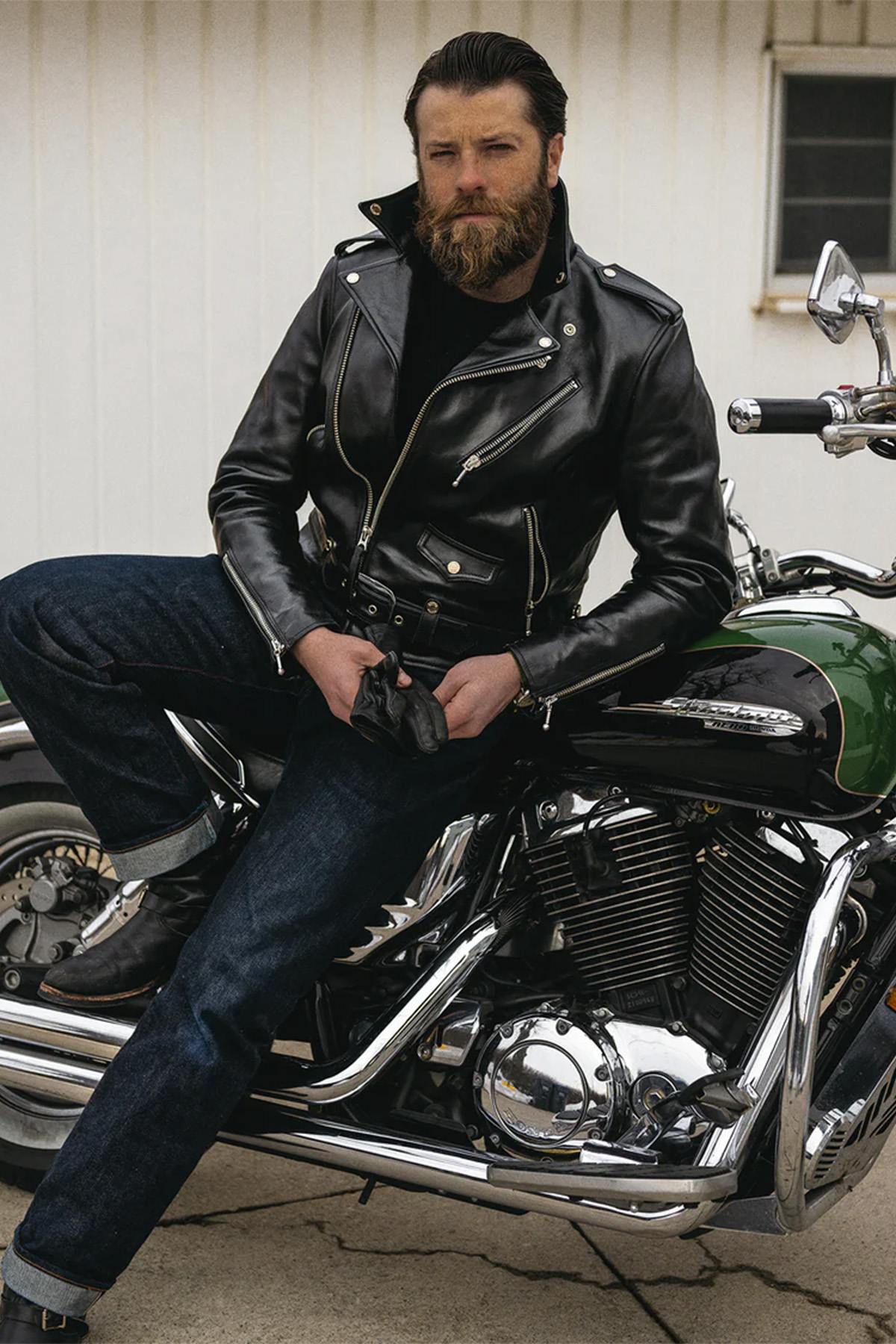 Black cowhide leather biker jacket - Image n°2