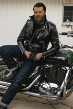 Black cowhide leather biker jacket - Image n°2