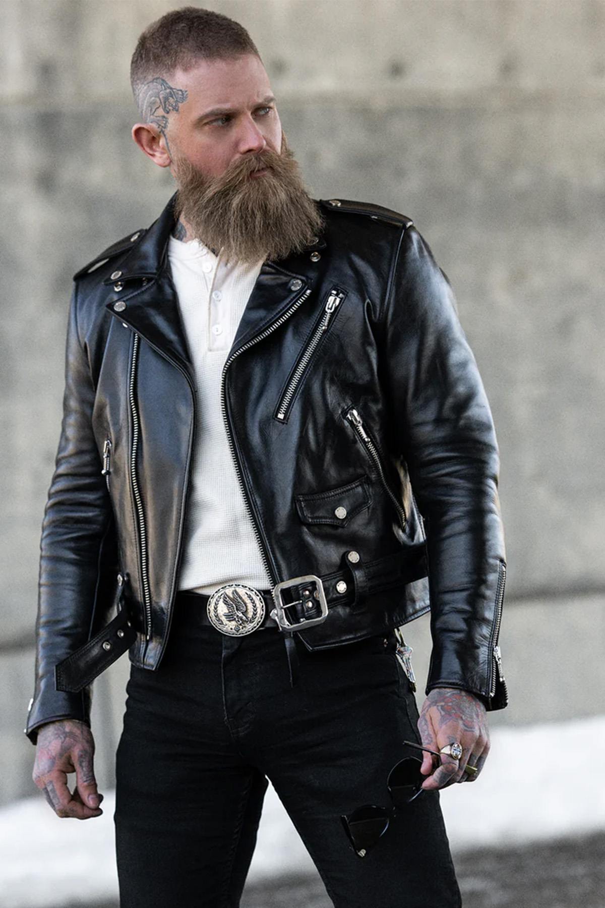 Black cowhide leather biker jacket - Image n°1