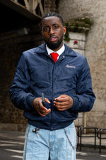 Navy blue teddy jacket with Japanese-inspired shirt collar - Image n°1