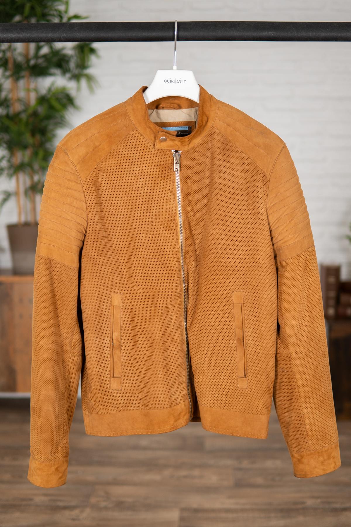 Men's perforated suede leather jacket - Image n°1