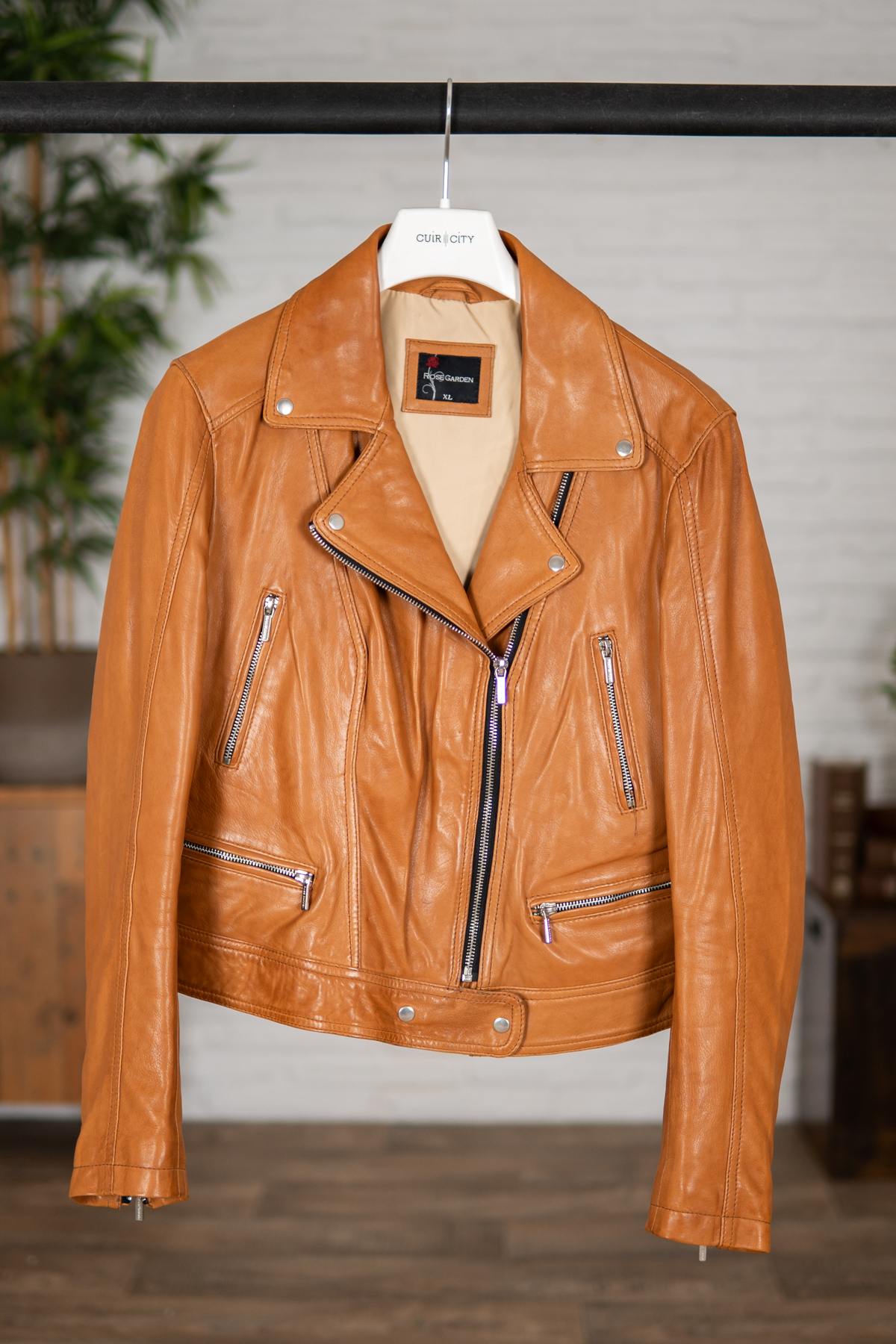 Women's Biker Jacket in cognac lambskin - Image n°1