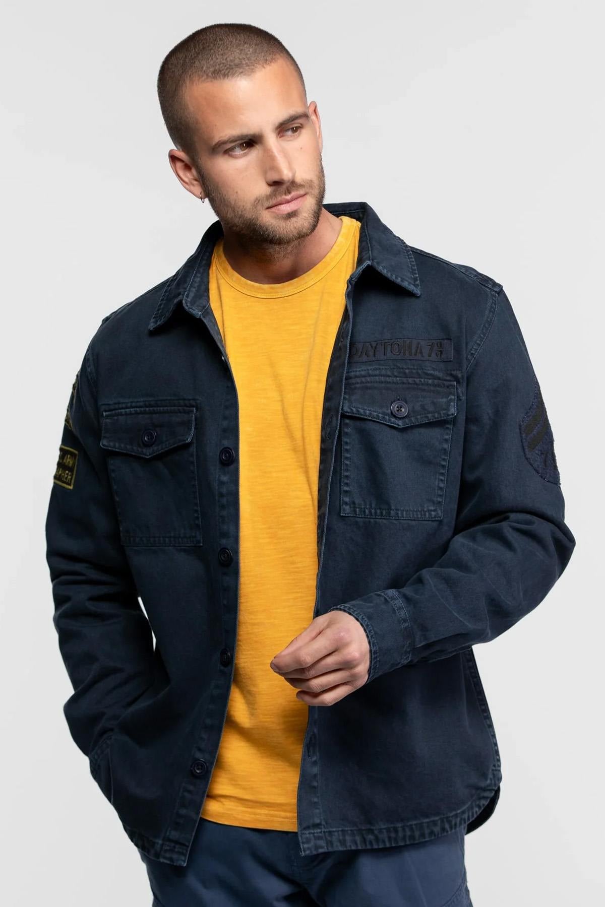 Navy blue military style cotton shirt - Image n°7