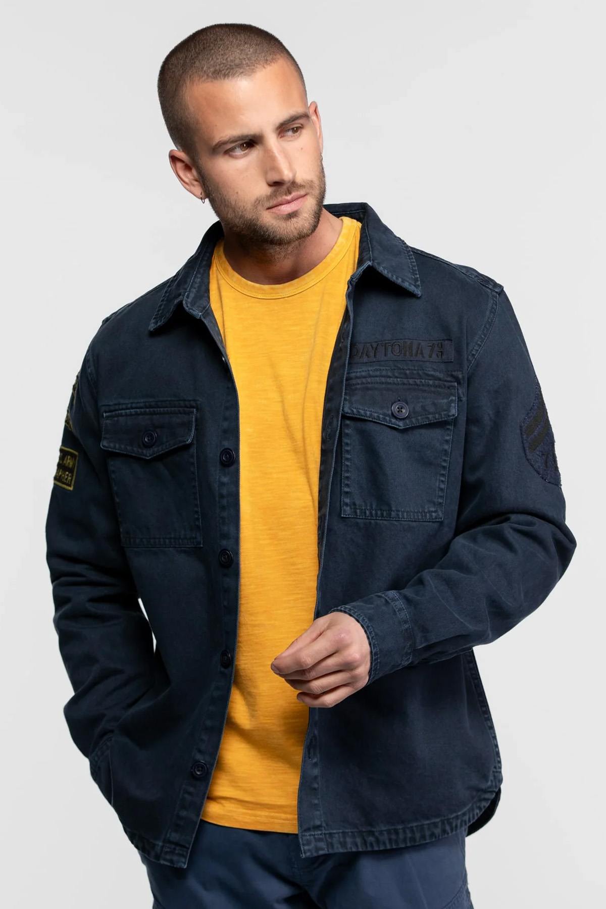 Navy blue military style cotton shirt - Image n°7