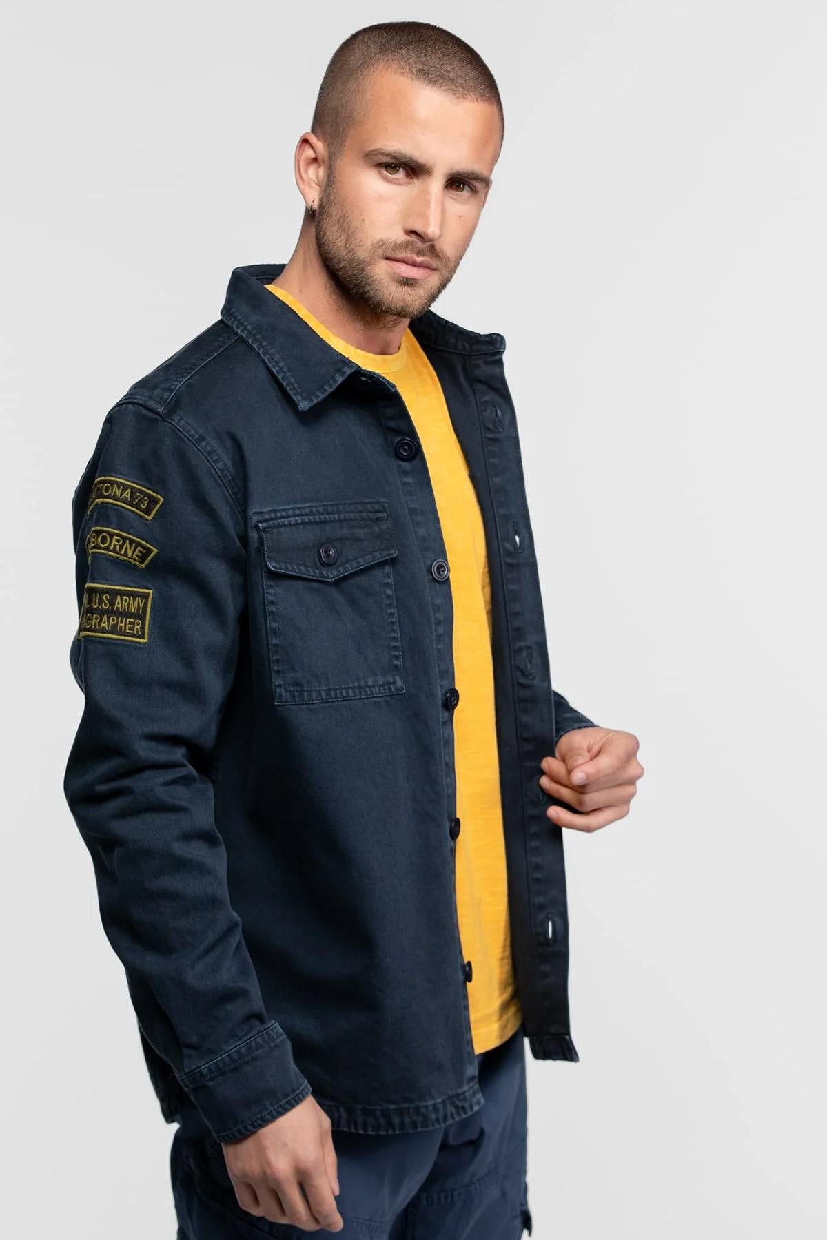 Navy blue military style cotton shirt - Image n°2