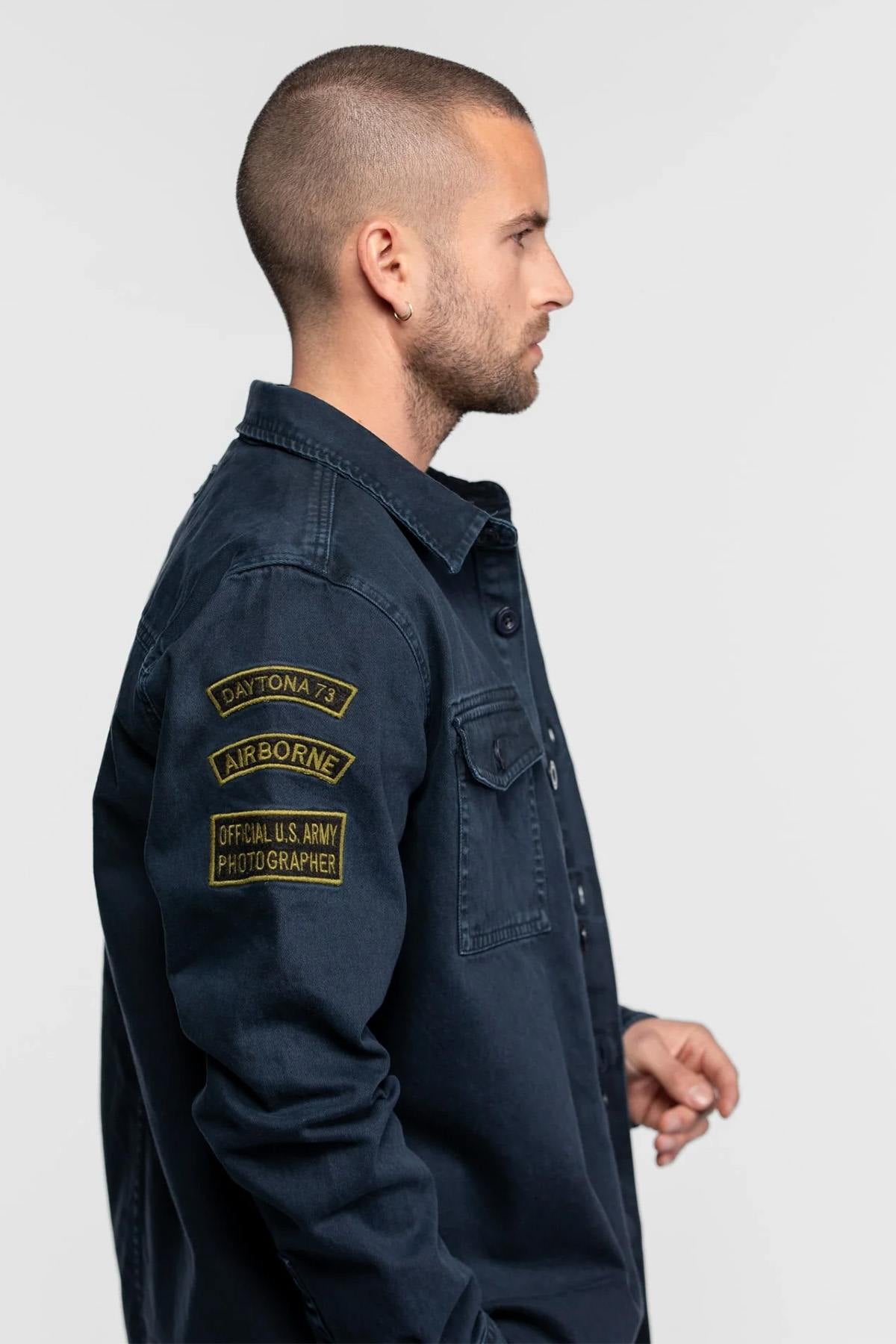 Navy blue military style cotton shirt - Image n°5
