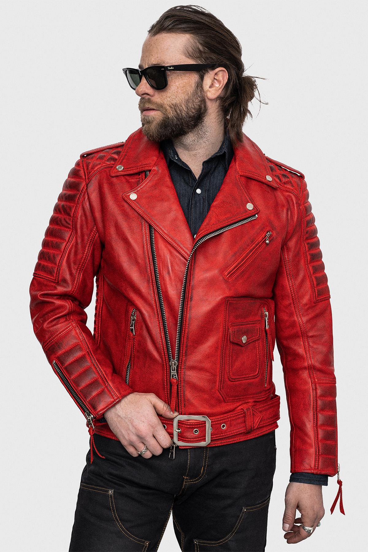 Red aged effect Biker Jacket in cowhide leather - Image n°1