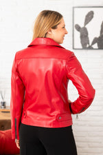 Elegant pearl red leather biker jacket - Image n°4