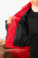 Elegant pearl red leather biker jacket - Image n°9