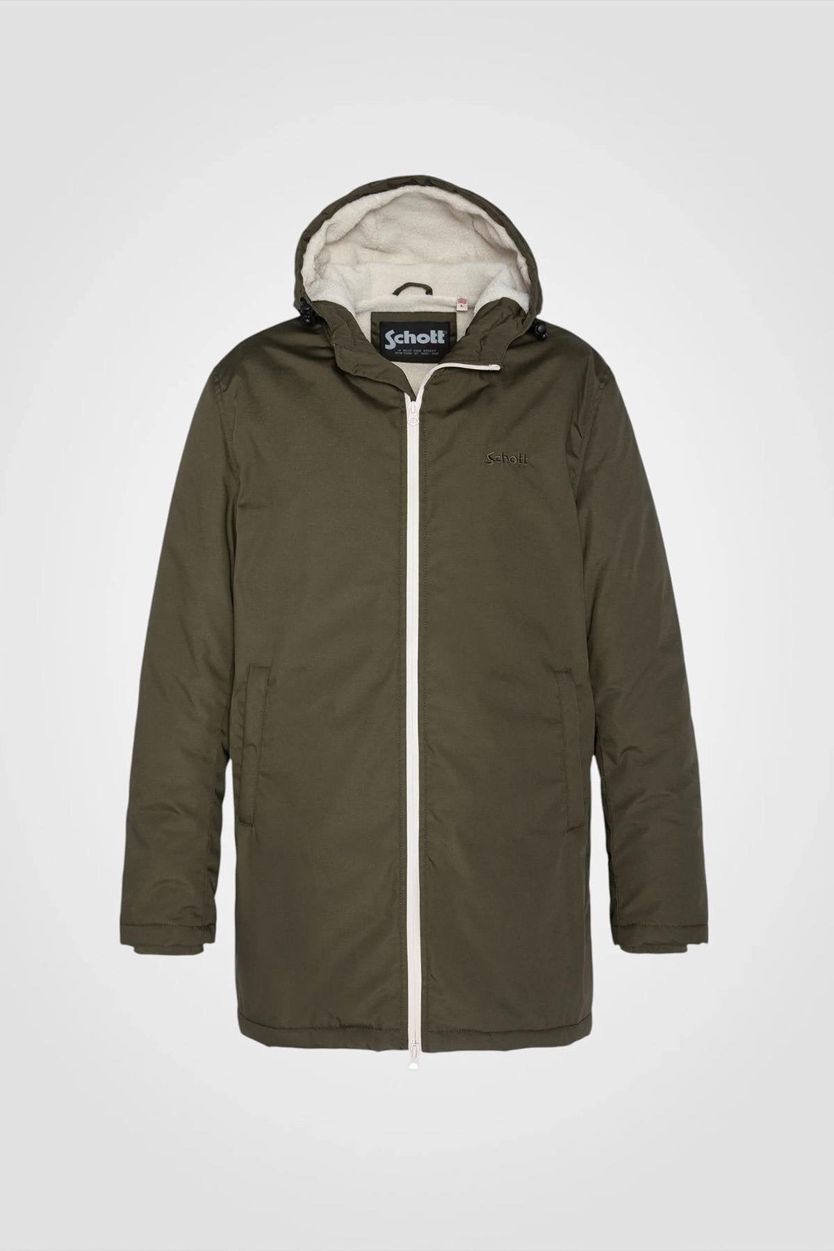Long dark khaki parka with sherpa lining - Image n°1
