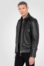 Black leather jacket with shirt collar - Image n°6