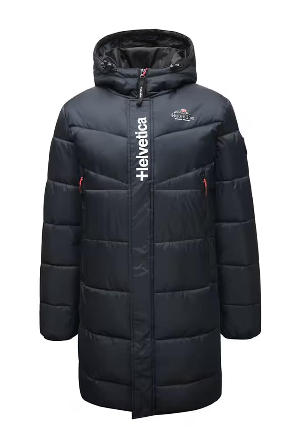 Long navy blue hooded parka - Image n°1