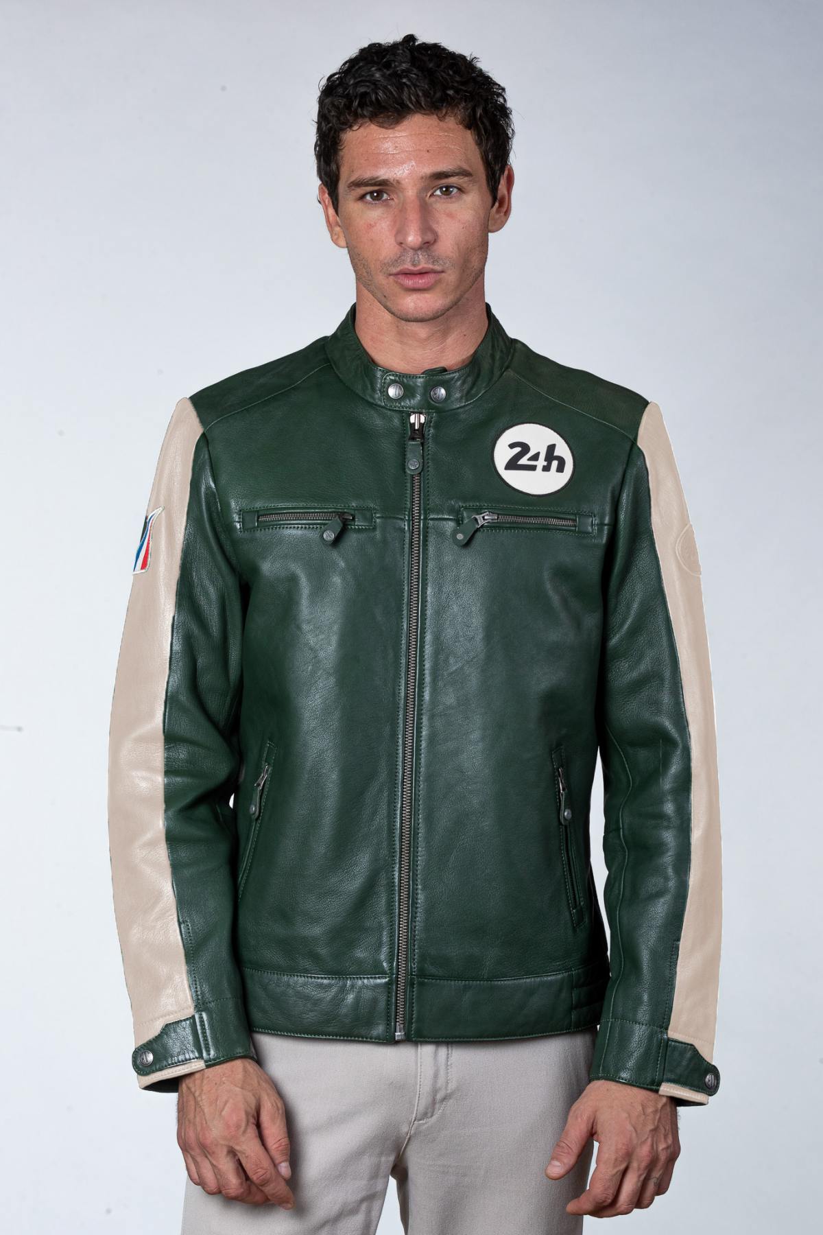 Green leather jacket with biker collar, vegetable tanned - Image n°6