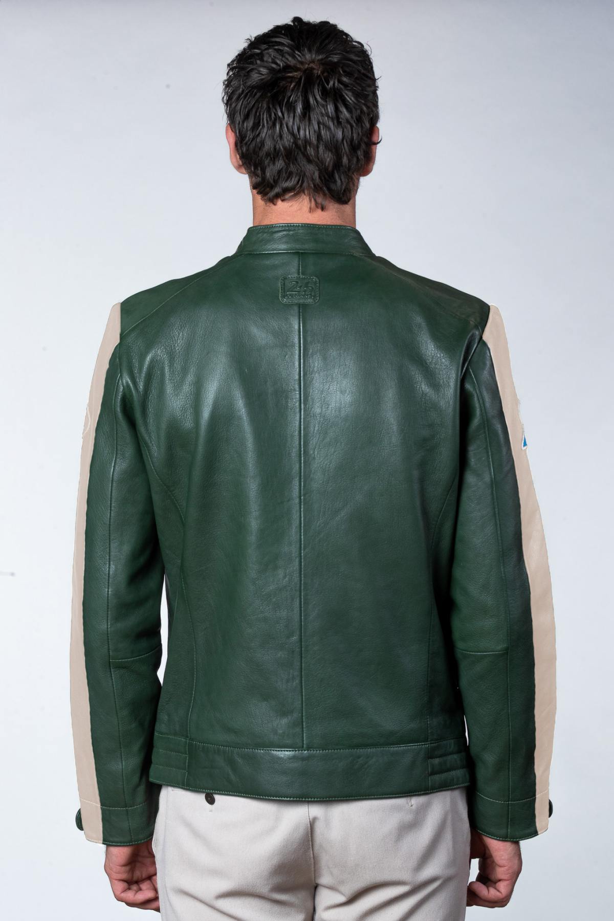 Green leather jacket with biker collar, vegetable tanned - Image n°3