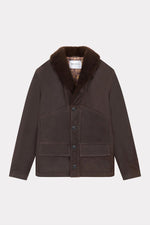 Brown leather jacket with sheepskin shawl collar - Image n°7