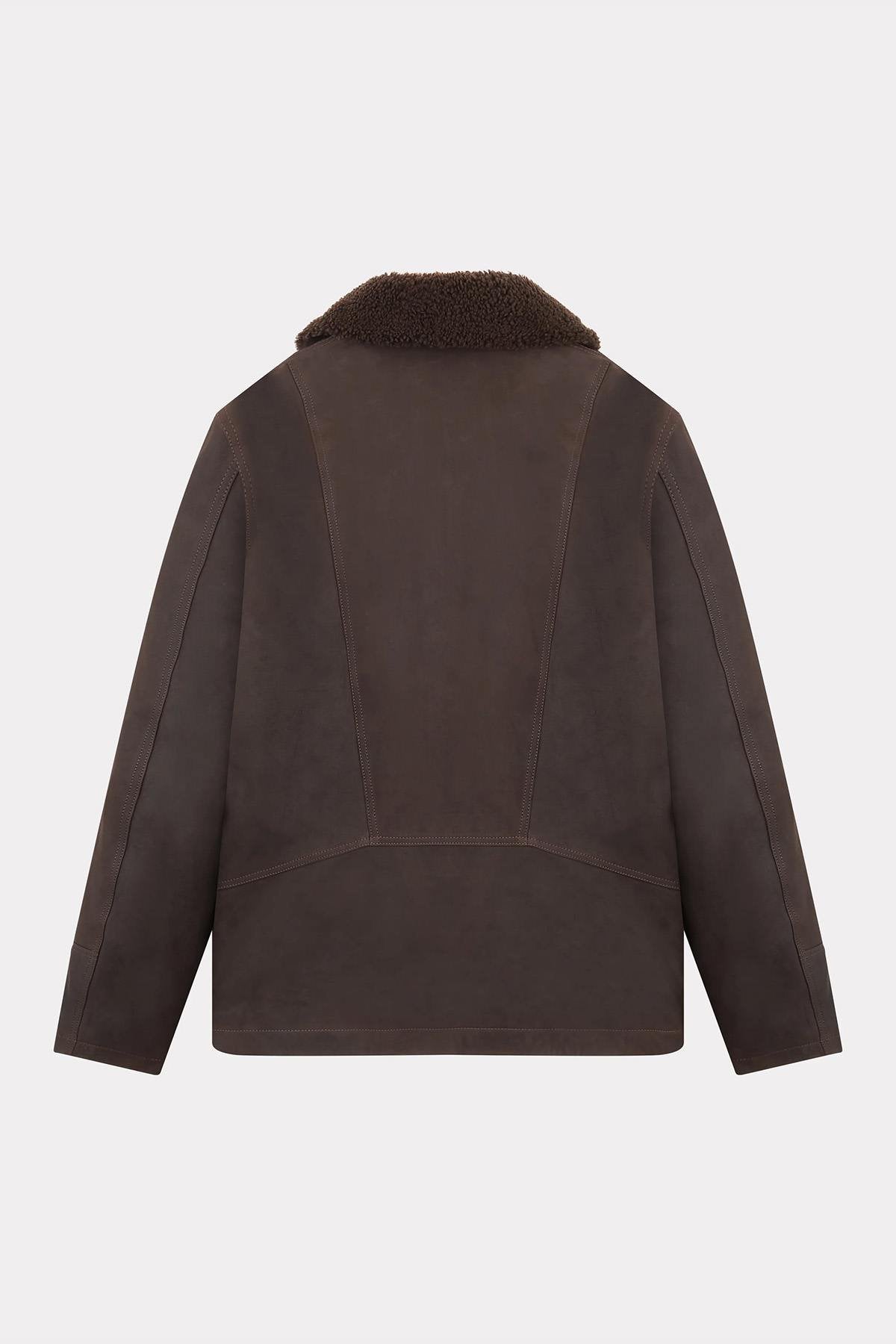 Brown leather jacket with sheepskin shawl collar - Image n°8