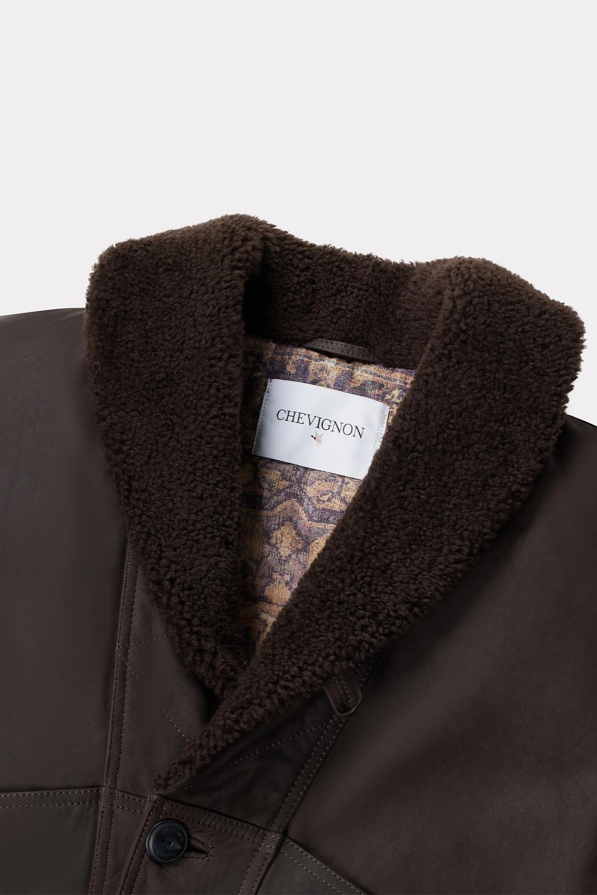 Brown leather jacket with sheepskin shawl collar - Image n°3
