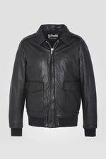 Men's black leather shirt collar bomber jacket - Image n°1