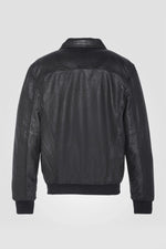 Men's black leather shirt collar bomber jacket - Image n°2