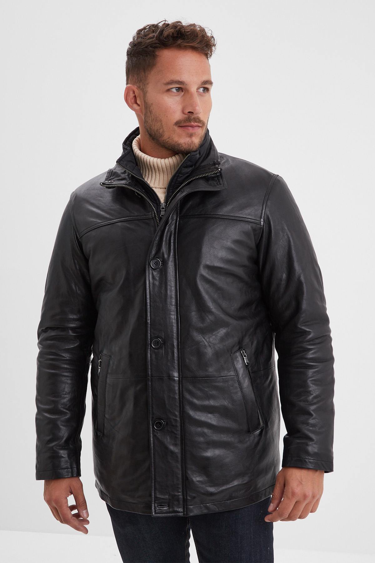 Black leather jacket with stand-up collar and removable facing - Image n°2