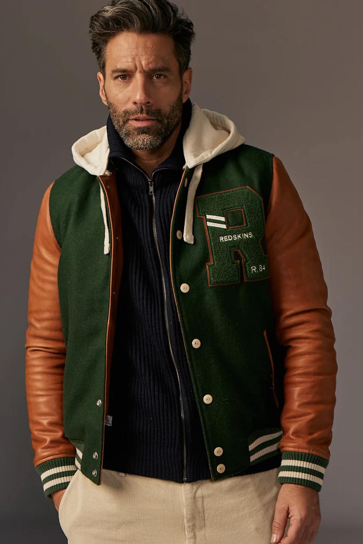Green and cognac leather teddy with removable hood - Image n°1