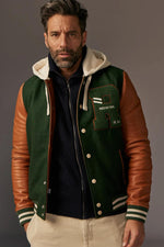 Redskins' varsity jacket: forest green wool and cognac lambskin. - Image n°1