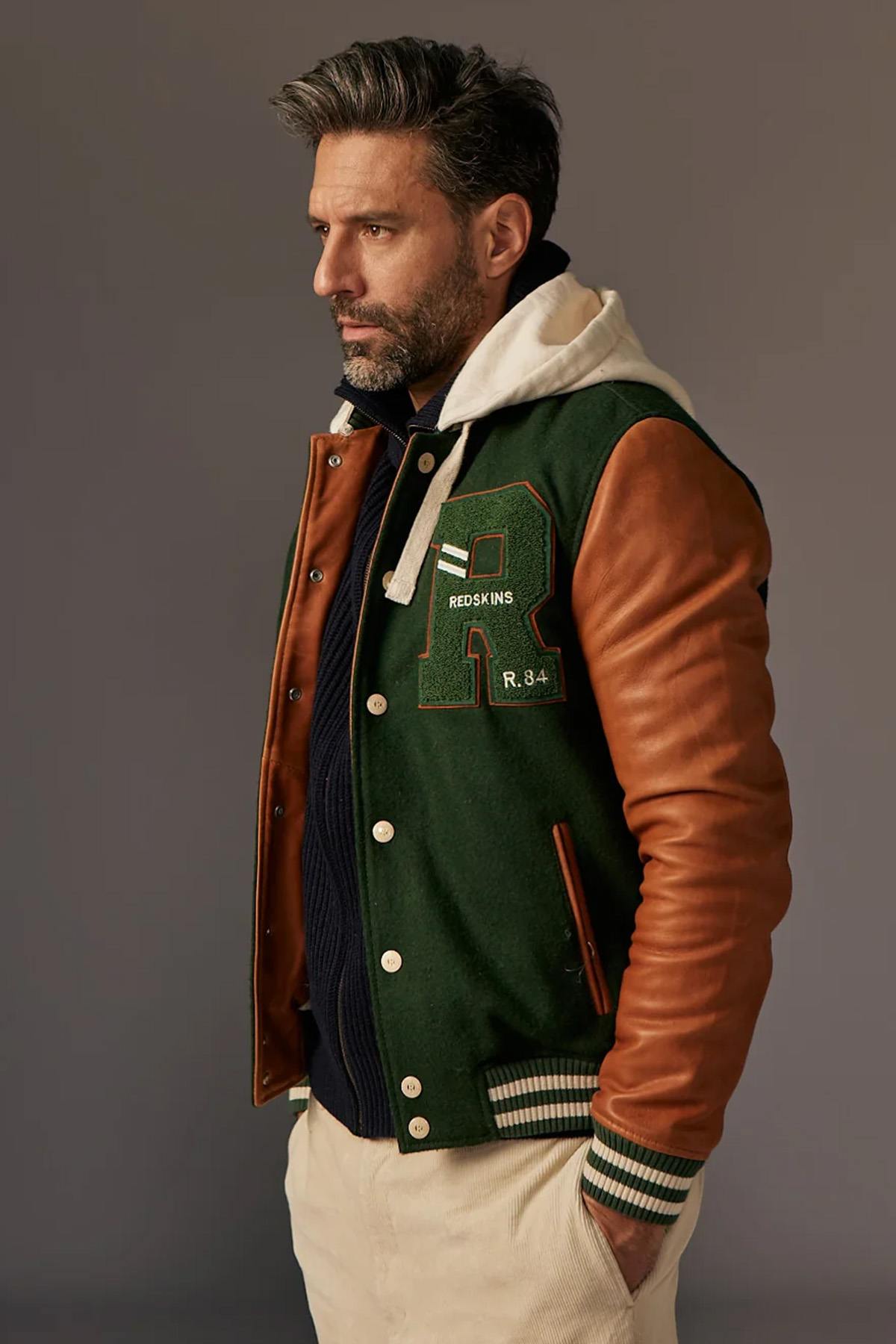 Redskins' varsity jacket: forest green wool and cognac lambskin. - Image n°5