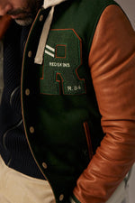 Redskins' varsity jacket: forest green wool and cognac lambskin. - Image n°3